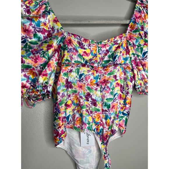 For Love and Lemons Watercolor Exclusive Floral Bow Cut Out Bodysuit NWT Size XS - Picture 5 of 13
